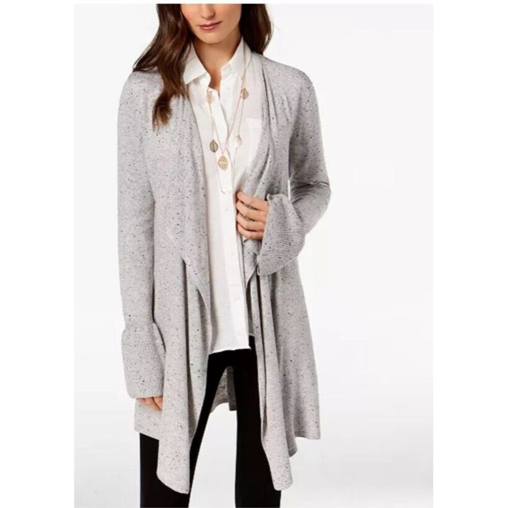 Style & Co Womens Petite Ruffle Long Sleeve Cardigan Gray Speckled Sweater SZ 1X